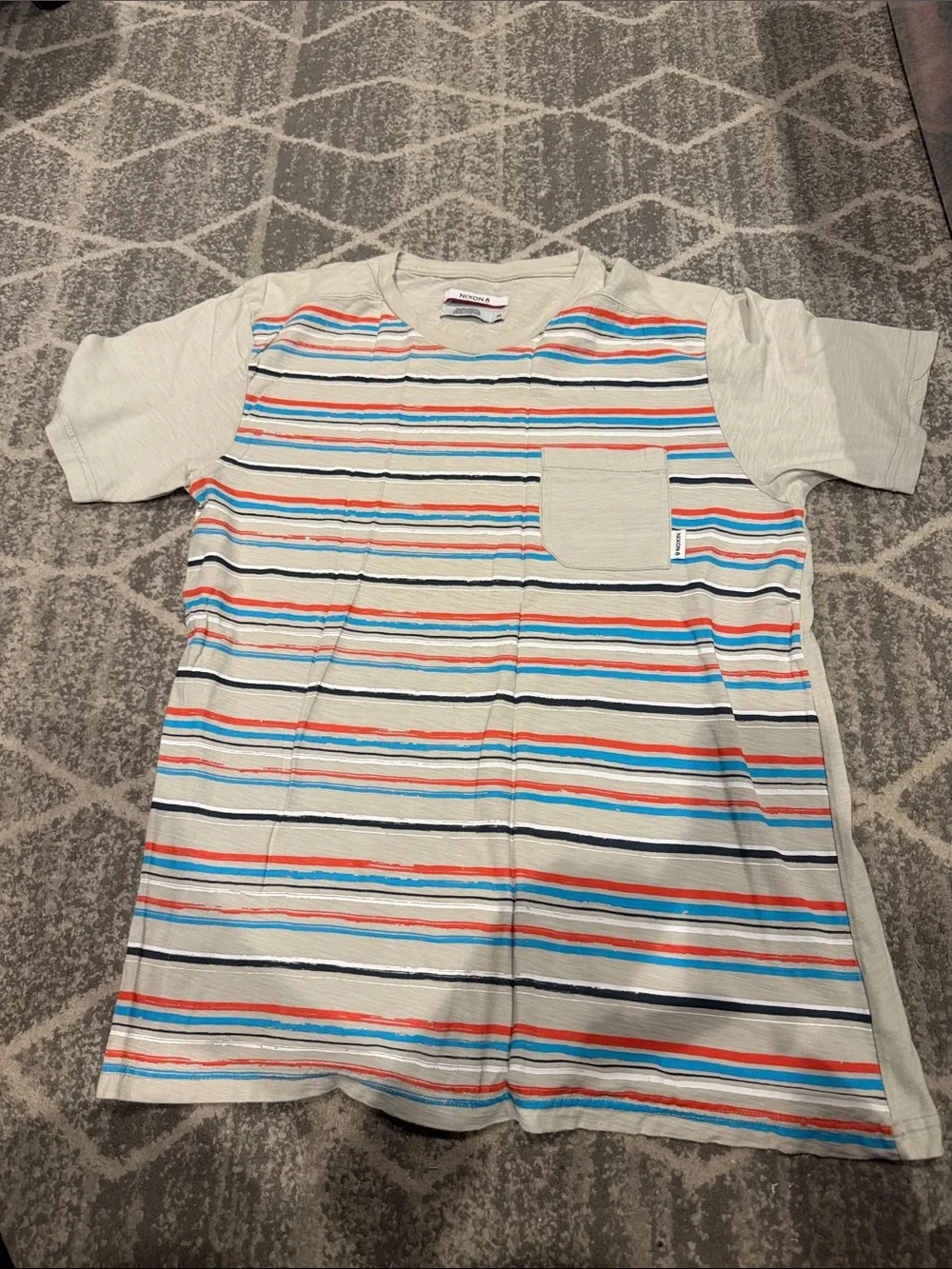 Nixon Cream Short Sleeve Tee with Blue, Red & Black Stripes